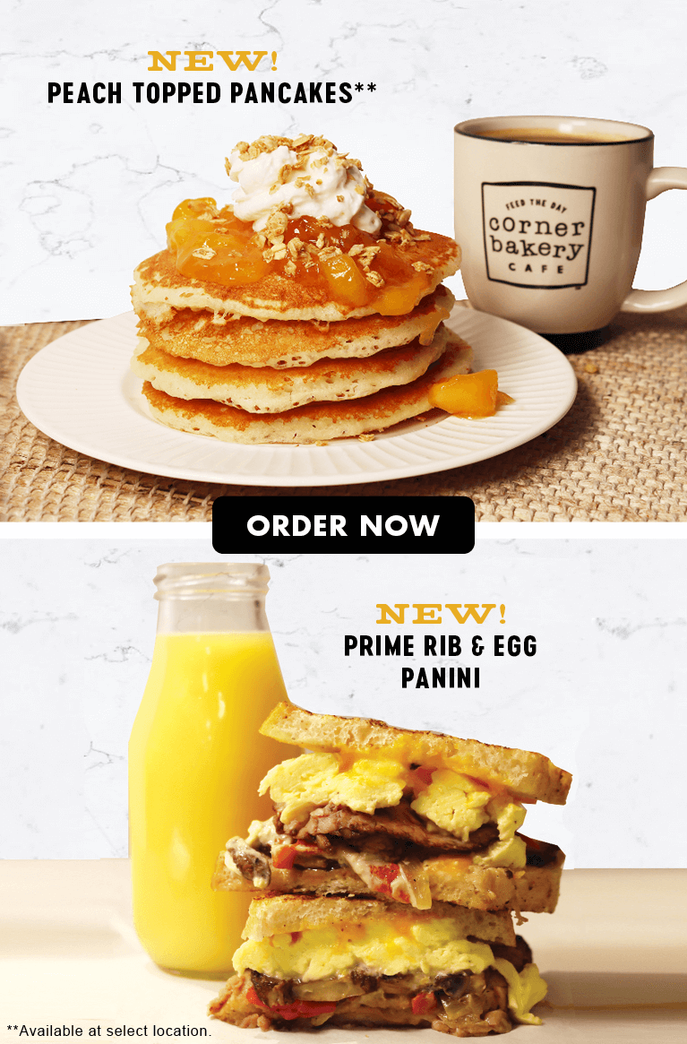 Prime Rib & Egg Panini & Peach Topped Pancakes