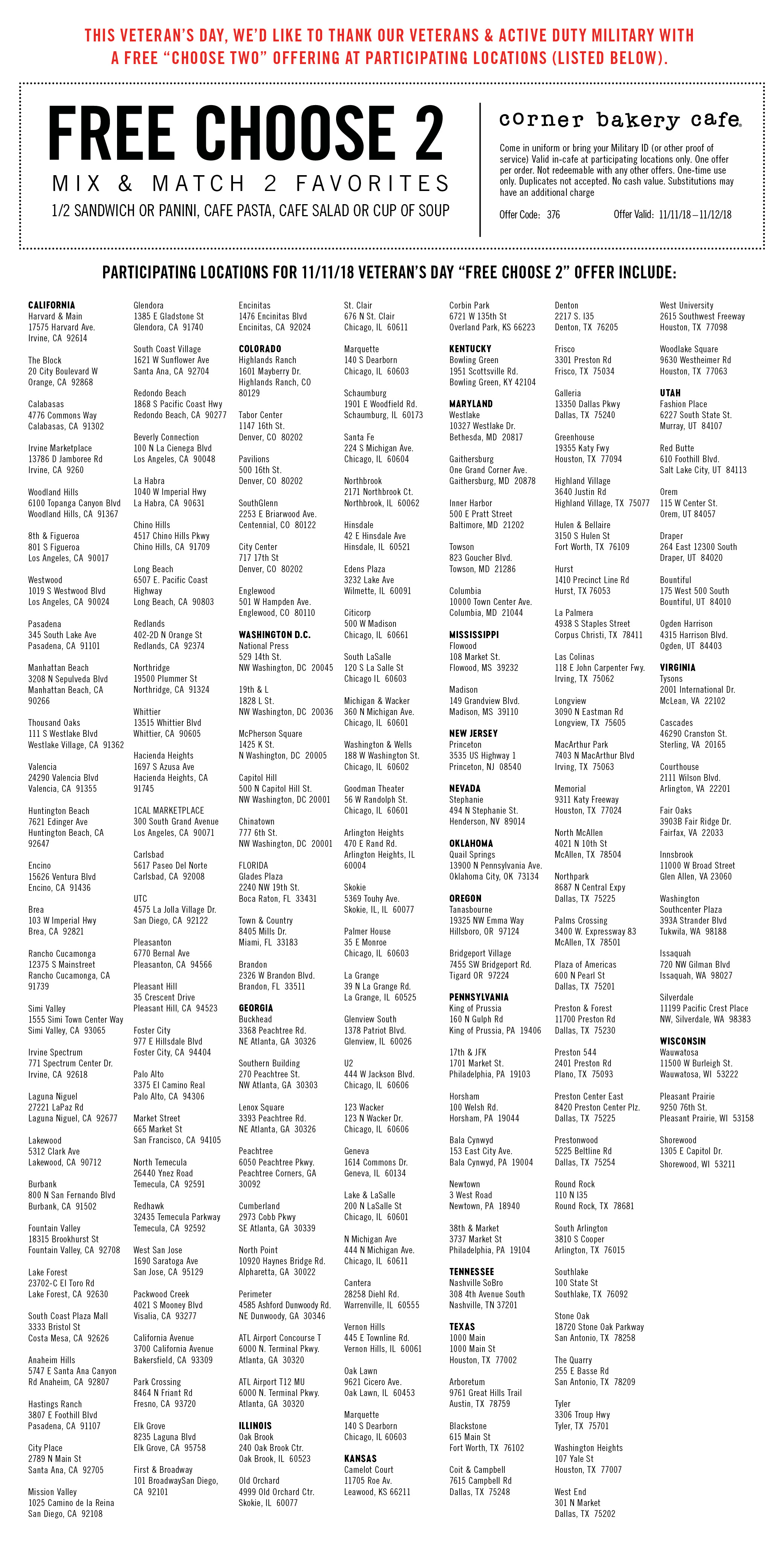 Corner Bakery Cafe Veterans Day Election Day Offers Image