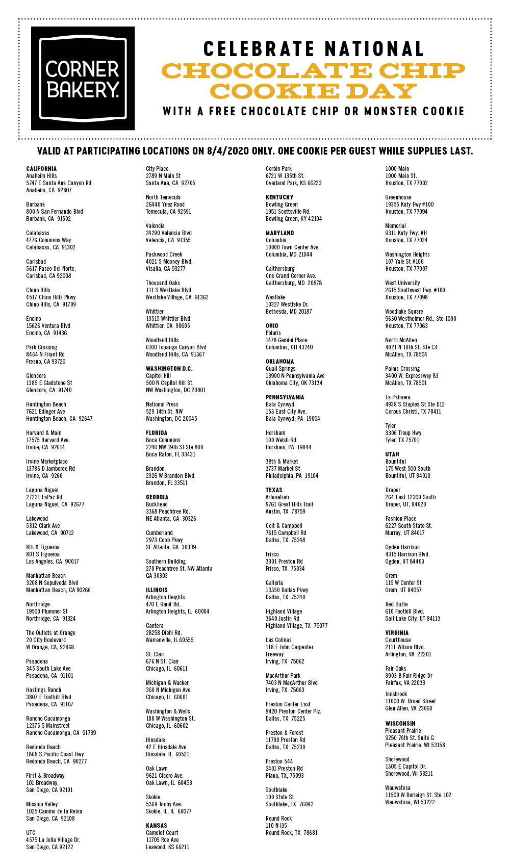 Corner Bakery Cafe National Chocolate Chip Cookie Day